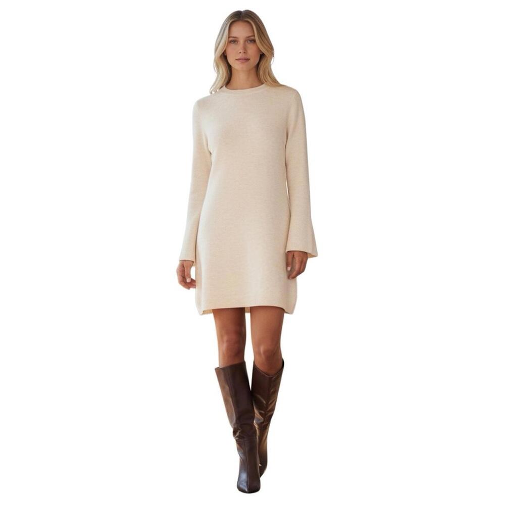 NWT Halogen Crewneck Cream Beige Long Sleeve Mini Sweater Dress Size XL